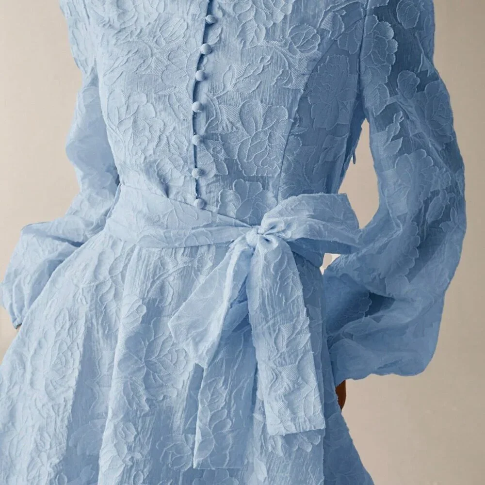 Baby Blue Elegant Women's A-Line Puff Sleeve Short Dress with Stand Collar